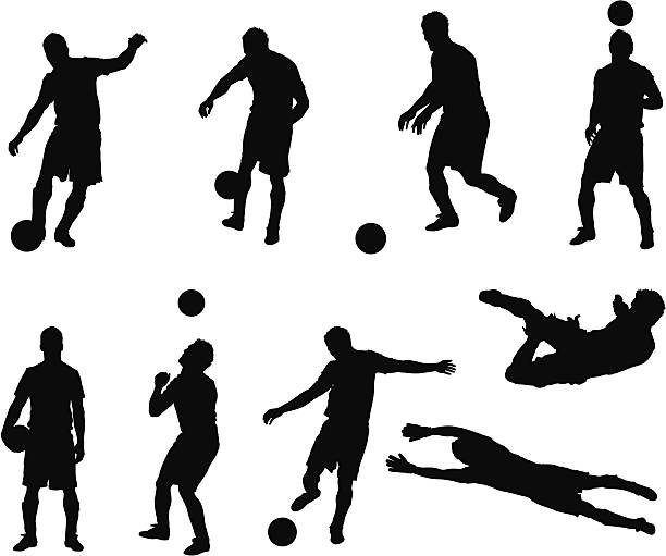 illustrations, cliparts, dessins animés et icônes de plusieurs images d'un homme jouant au football - soccer player men flying kicking