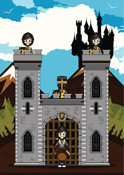 Vector illustration of Medieval Knights Guarding Castle Scene