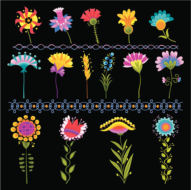 ilustraciones, imágenes clip art, dibujos animados e iconos de stock de conjunto de elementos decorativos de diseño floral en negro - tulip sunflower single flower flower