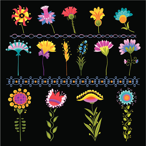 illustrazioni stock, clip art, cartoni animati e icone di tendenza di set di elementi floreali decorativi su nero - tulip sunflower single flower flower