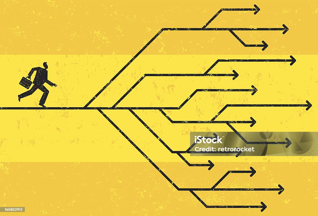 Businessman faced with directional choices Businessman navigating his career path. The man and arrows are on a separate labeled layer from the background. Achievement stock vector