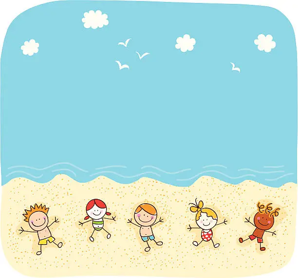 Vector illustration of children at beach cartoon illustration