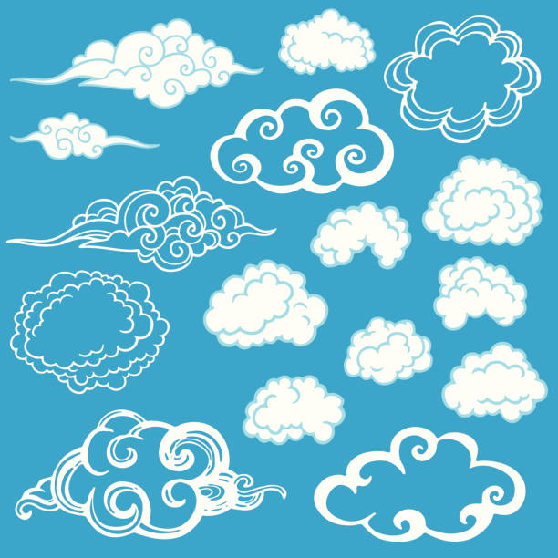 Various white cloud sketches with a blue background vector art illustration