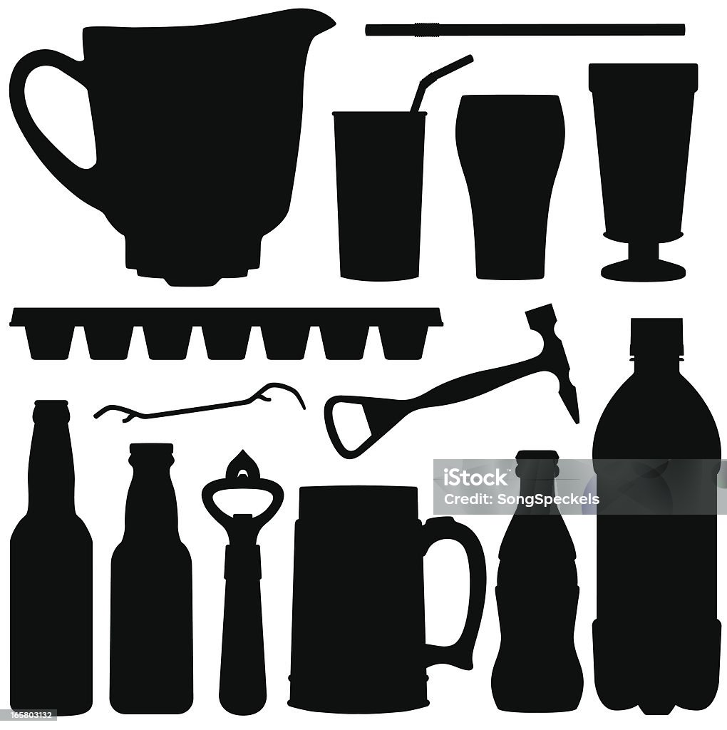 Cold Drink Silhouettes Cold Drink Silhouettes including pitcher, ice cube tray, ice hammer, bottle opener, beer bottles, soda bottles, straw, fountain glasses and stein. In Silhouette stock vector