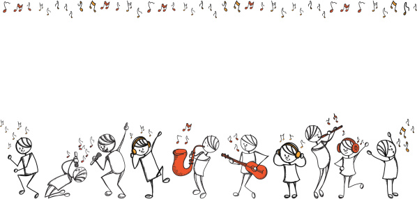 Stick people dancing, singing and playing instruments, border ideal for placing your message, plenty of copy-space. CMYK color mode. Enjoy!