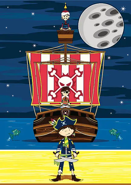 Vector illustration of Cute Pirate Captain and Ship Beach Scene
