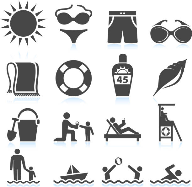 ilustrações, clipart, desenhos animados e ícones de férias de verão na praia preto & branco, vector conjunto de ícones - swimming trunks swimwear summer bikini