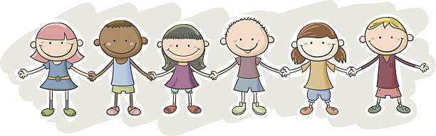 Kids' friendship cartoon character Kids'friendship cartoon character, with colour kids holding hands stock illustrations