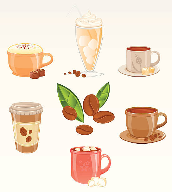 Coffee Drinks Set Vector icon set including; cappuccino with chocolate candies, frappe, turkish coffee with delights, plain coffee, hot chocolate or coffee with marshmallows and paper cup coffee. AI CS5 version is also available. coffee cup coffee hot chocolate coffee bean stock illustrations