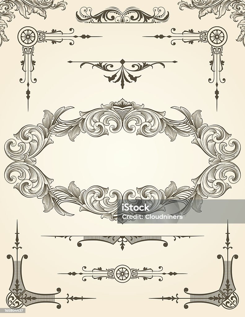 Scroll Design Element Set for pages Designed by a hand engraver. Complete page design set of high detail. Actual engraving designs which include page corners, dividers, and rich scrollwork frame. Change color and scale easily with the enclosed EPS 10 and AI files. No transparencies or special effects. Also includes hi-res JPG. Art Nouveau stock vector