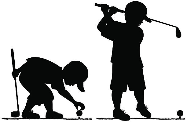 маленький мальчик играет в гольф - silhouette back lit little boys child stock illustrations