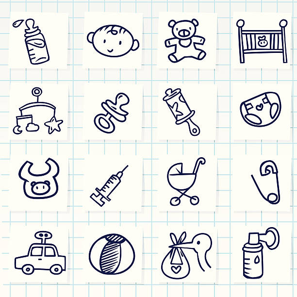 Set of sixteen cartoon baby icons Vector File of Doodle Baby Icon Set toy vehicle stock illustrations