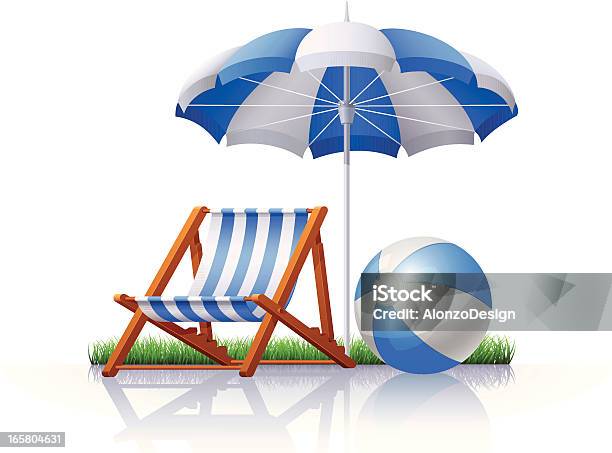 Cadeiras Guardachuva Bola De Praia - Arte vetorial de stock e mais imagens de Guarda-Sol de Praia - Guarda-Sol de Praia, Azul, Fundo Branco