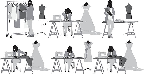 Multiple images of a fashion designer in her workshop Multiple images of a fashion designer in her workshophttp://www.twodozendesign.info/i/1.png sequence dress stock illustrations