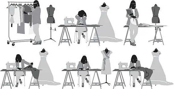 Vector illustration of Multiple images of a fashion designer in her workshop