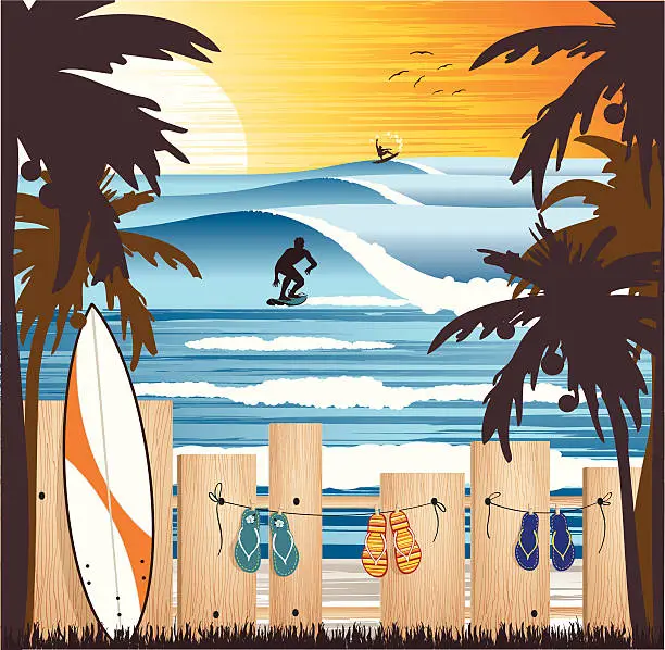 Vector illustration of Beach scene with surfer and big waves