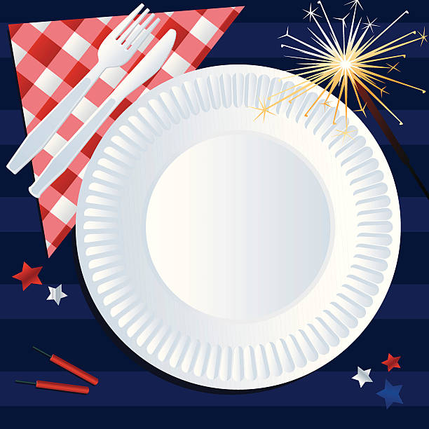Fourth of July Picnic Paper plate, napkin, knife and fork, sparkler and firecrakers in an Independence Day theme. paper plate stock illustrations