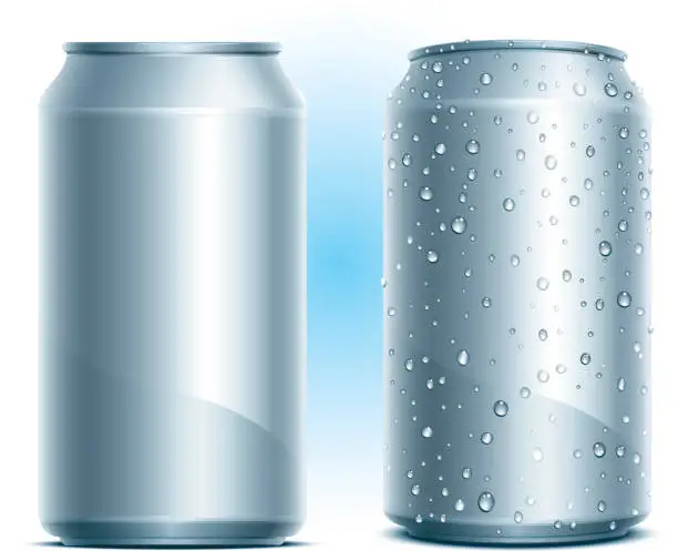 Vector illustration of Blank aluminum cans that are dry or covered with water drops