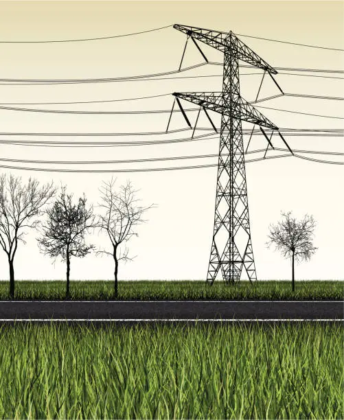 Vector illustration of country road, electricity pylon and trees