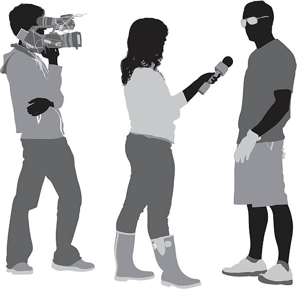 TV reporter taking interview of a man TV reporter taking interview of a manhttp://www.twodozendesign.info/i/1.png interview event silhouettes stock illustrations