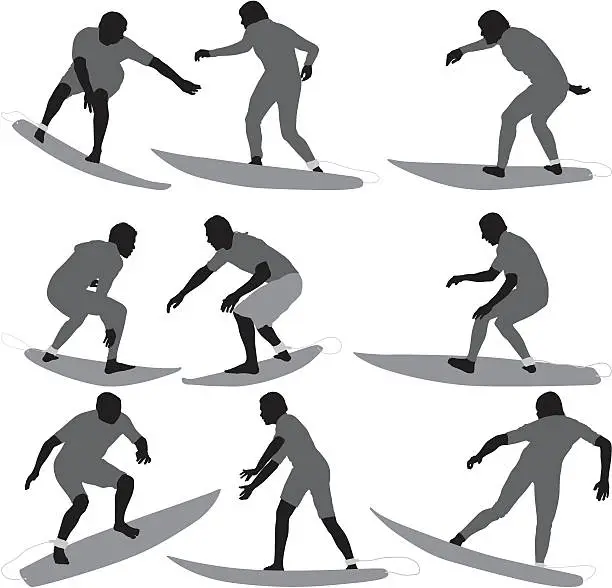 Vector illustration of Multiple images of surfers