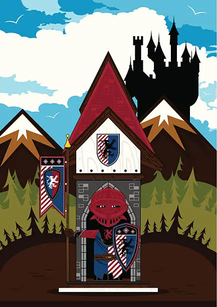 Vector illustration of Fierce Knight at Castle Guard Post Scene