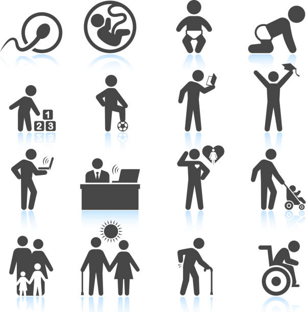 Icons of life from conception to old age Man's life from childhood to adult and elderly icon set baby human age stock illustrations