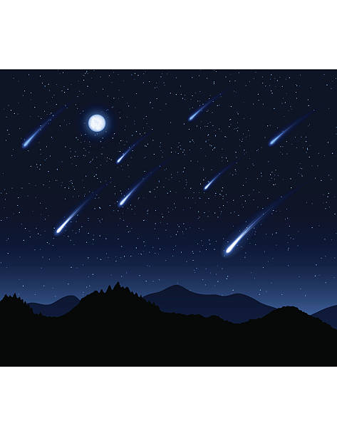 Graphic of a night sky during a meteor shower with moon vector art illustration