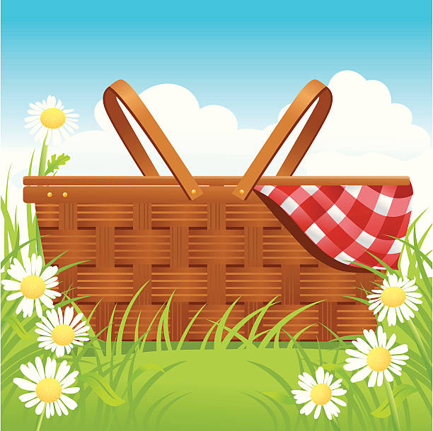 Picnic basket and daisies vector art illustration