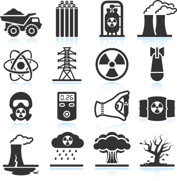 energia jądrowa przemysł i katastrofy czarny biały zestaw ikon & - nuclear power station danger symbol radioactive stock illustrations