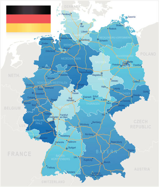 Germany - road map Highly detailed map of Germany with roads, administrative divisions and cities. germany map regions stock illustrations