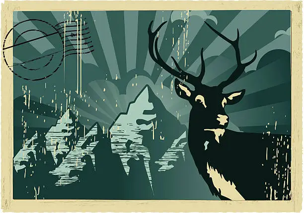 Vector illustration of red deer vintage postcard