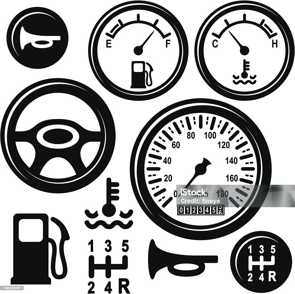 Auto Lenkrad, Ausrüstung, Horn, Treibstoff, Temperatur,-Kontrolle Symbole - Lizenzfrei Icon Vektorgrafik