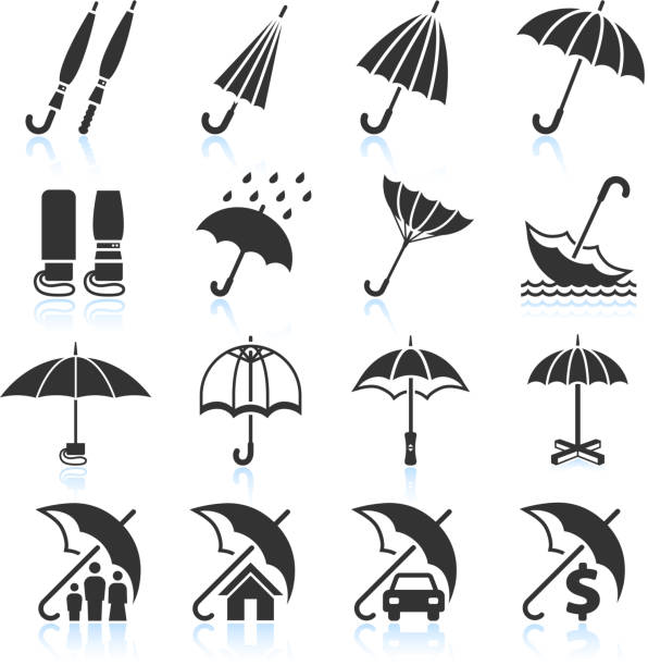 ilustrações, clipart, desenhos animados e ícones de proteção de seguro guarda-chuva de chuva e ícone conjunto de vetor royalty free - umbrella