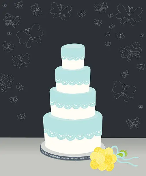 Vector illustration of Wedding cake with lace and butterflies