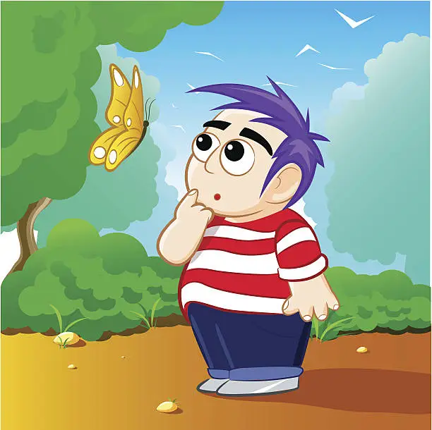 Vector illustration of Curious child the moment he met a yellow butterfly