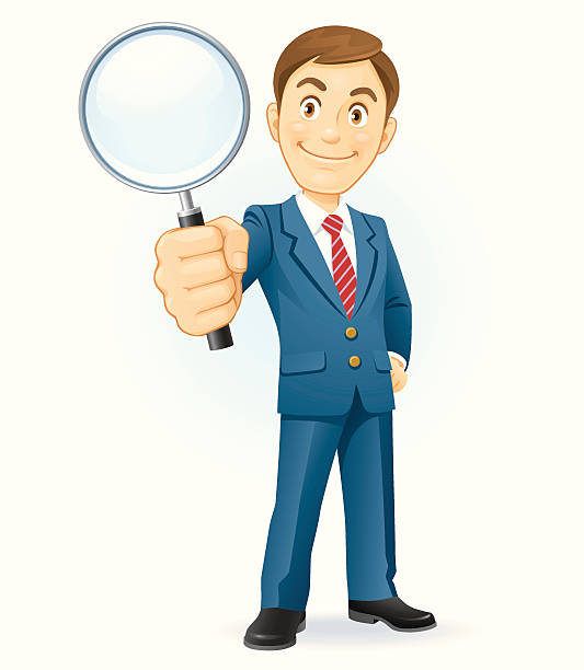 Clip art of a businessman holding up a magnifying glass vector art illustration