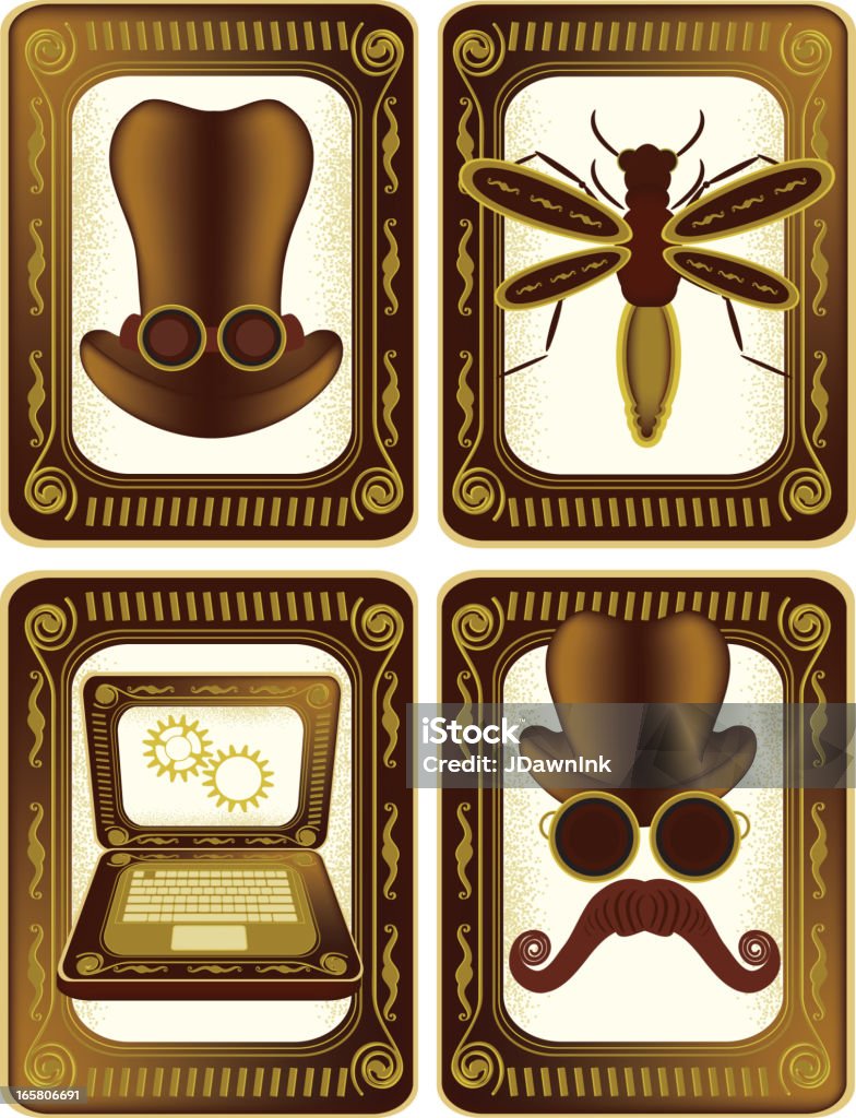 Steampunk set of icons Vector illustration of four Steampunk styled elements in individual frames. Elements include top hat with goggles, bug, laptop, hat with goggles and mustache. Download includes Illustrator 8 eps, high resolution jpg and png file. Picture Frame stock vector