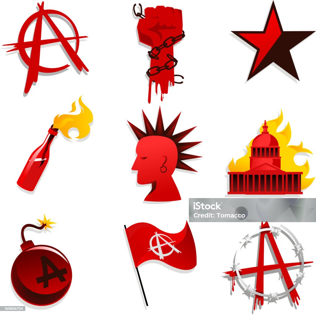 L'anarchie série cercle-Rouge Noir étoiles de chaîne la bombe drapeau - clipart vectoriel de Cocktail Molotov libre de droits