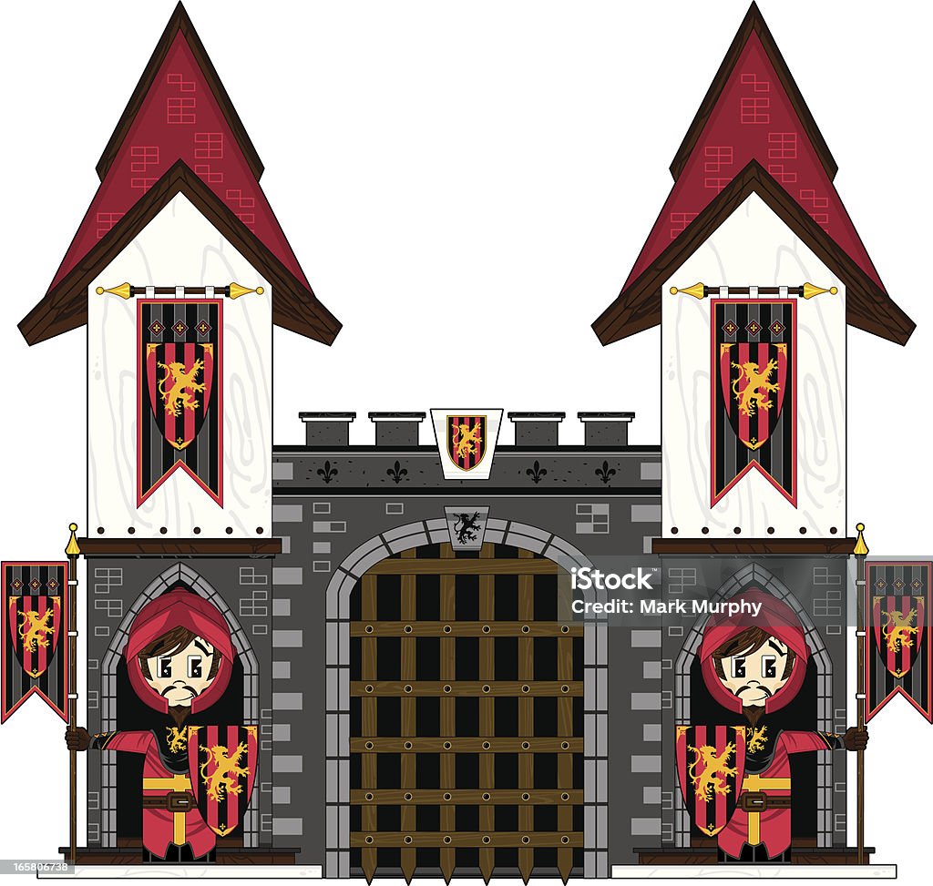 Lionheart Cavaleiros no castelo portões - Vetor de Castelo royalty-free