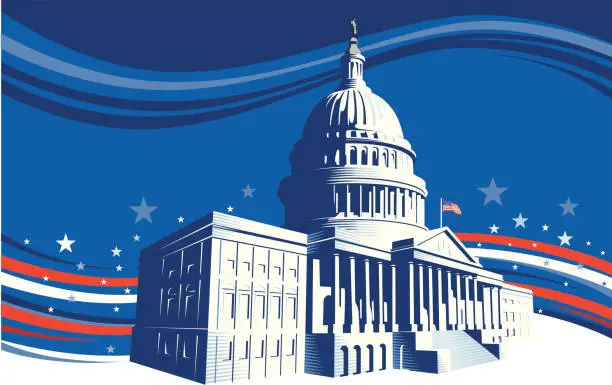 Vector illustration of The White House with stars and stripes background