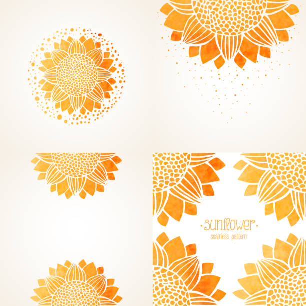 Set of design elements with watercolor sunflower Set of design elements, frame and backgrounds with watercolor stylized sunflower orange sunflower stock illustrations