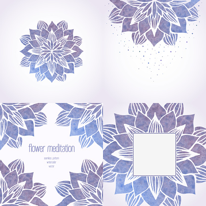 Set of design elements, templates or backgrounds, frames with watercolor floral pattern, violet flower mandala