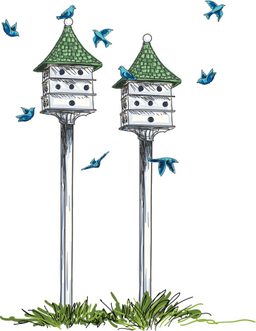Cartoon Apartment Style Birdhouses And Birds Illustration