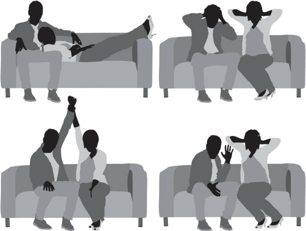 Multiple images of a couple in different poses Multiple images of a couple in different poseshttp://www.twodozendesign.info/i/1.png couch side view stock illustrations