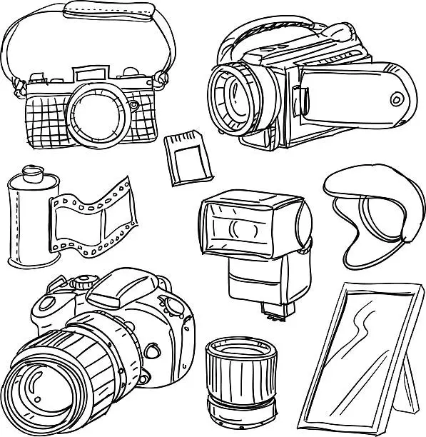 Vector illustration of Camera equipment in black and white