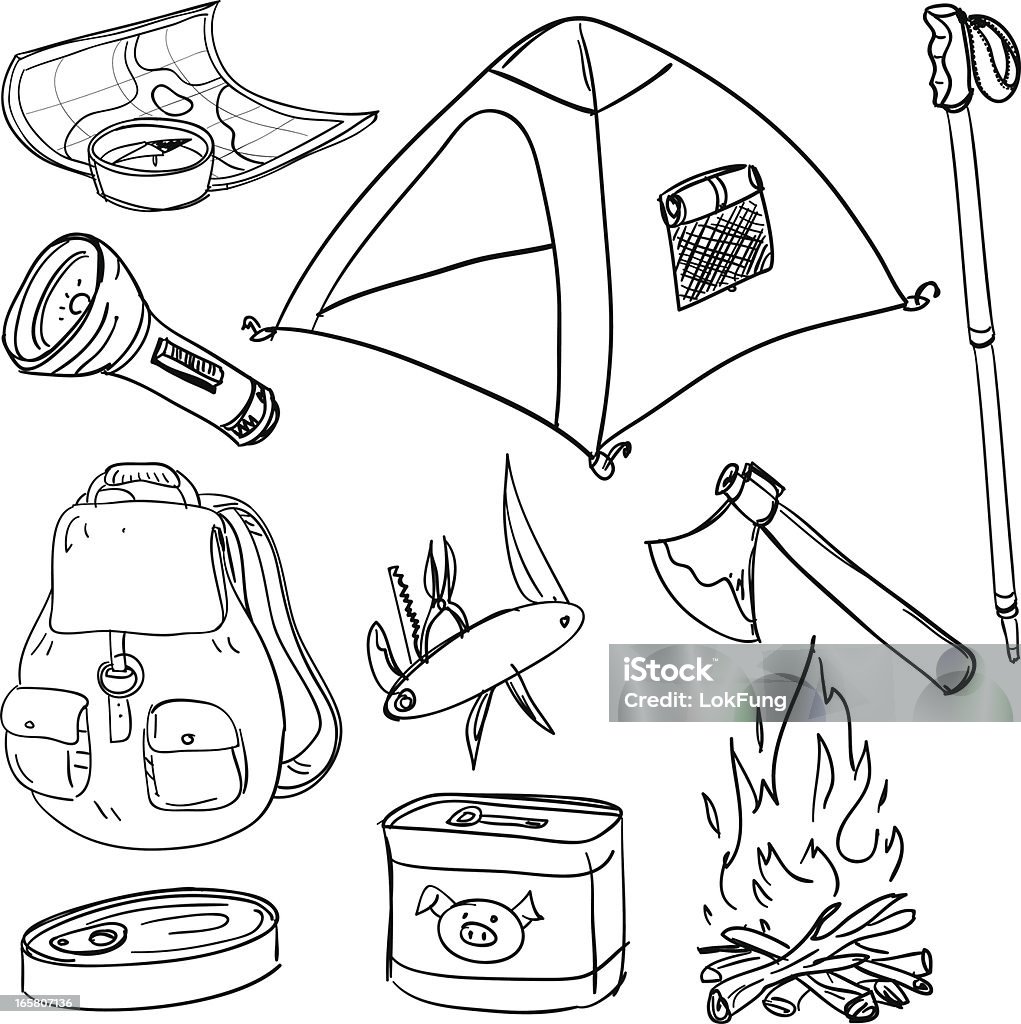 Camping equipment in black and white Camping equipment in sketch style, black and white Tent stock vector