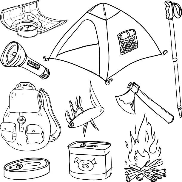Camping equipment in black and white Camping equipment in sketch style, black and white journey clipart stock illustrations