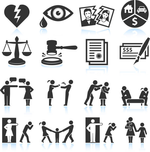 Several icons that symbolize relationship trouble Divorce and bad relationship black & white icon set money cry stock illustrations