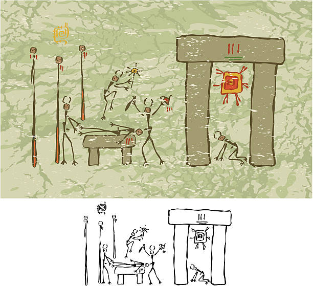 Sacrifice At Stonehenge The mystery of Stonehenge revealed.  Human sacrifice on the altar stone.  The sun must rise again.  Black has all white knocked out. drawing of a man kneeling in prayer stock illustrations